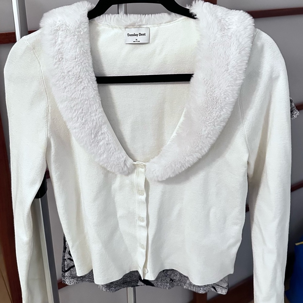 Sunday Best White Cardigan with Faux Fur Collar